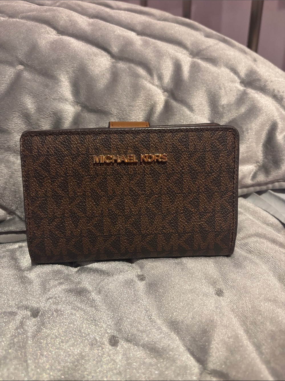 Michael Kors Brown Monogram Card Wallet with Gold Logo